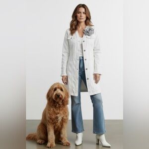 Christian Siriano White denim Jacket with Floral Accent. Says XS but fits big.